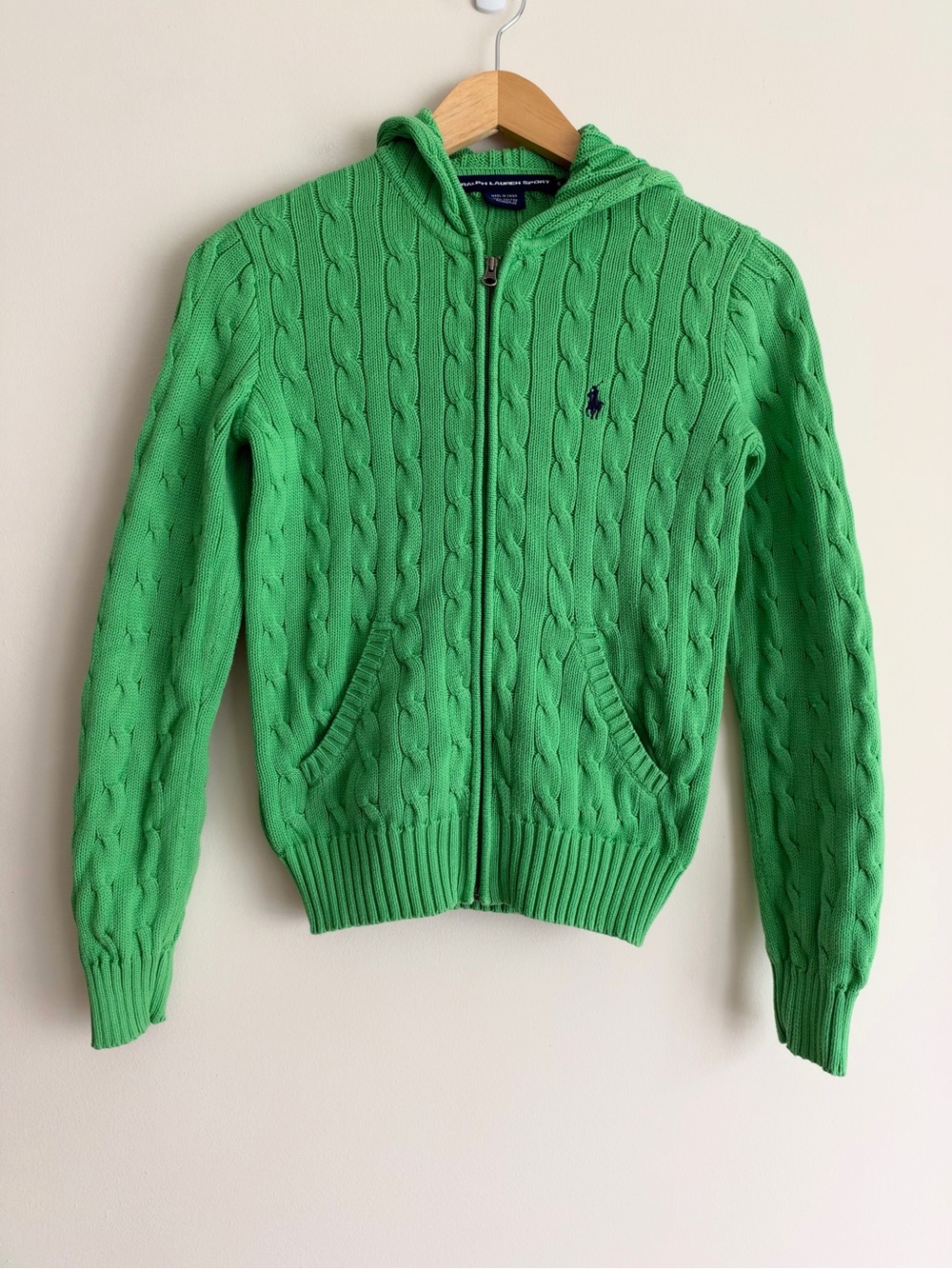 Vintage Ralph Lauren Sport Cable Knit Sweater Full Zip Hoodie Kelly Green